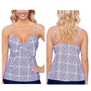 ISLAND ESCAPE Women's Cali Printed Tankini Purple Blue Top Summer Size 14 NWT